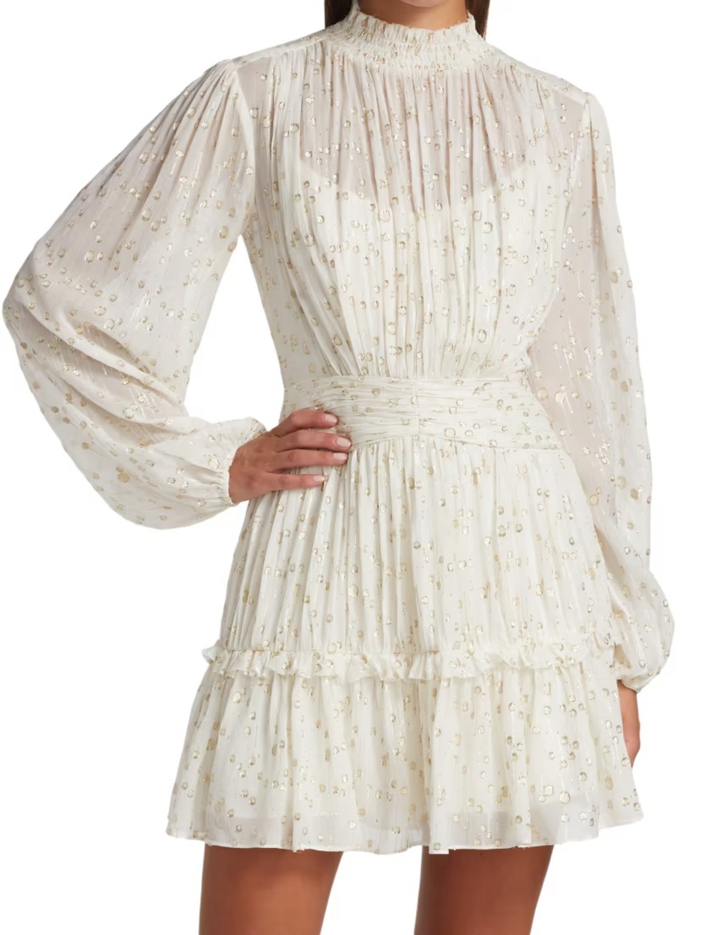 ML Monique Lhuillier Ivory & Gold Metallic Long Sleeve Mini Dress – M/L